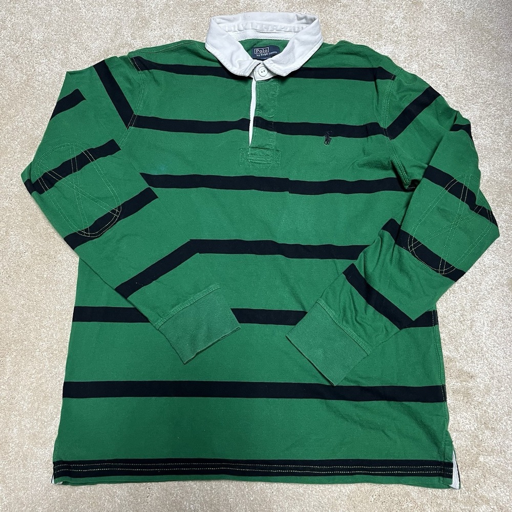 Vintage Polo Ralph Lauren Boys Rugby striped Shirt XL (18-20) elbow patches